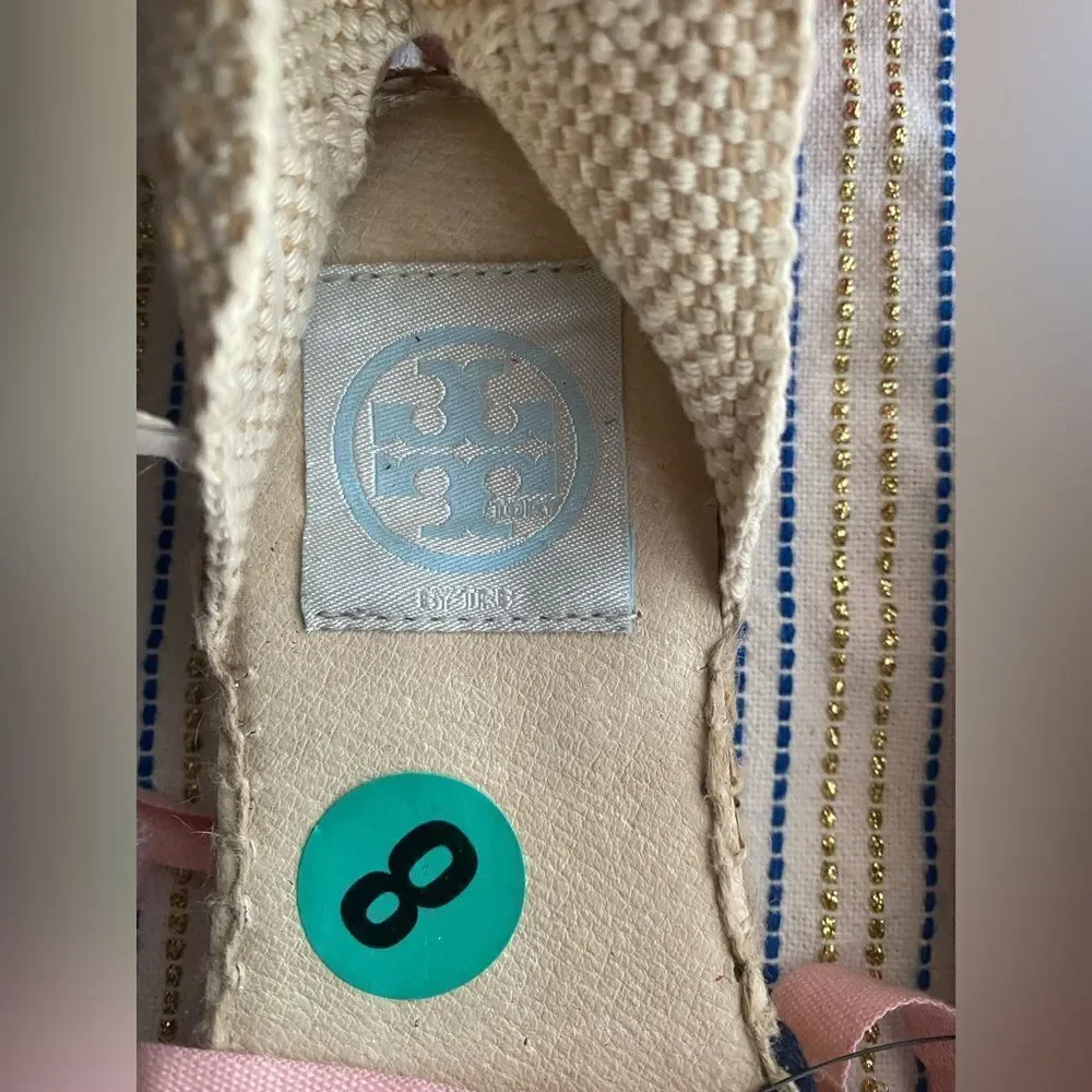 Tory Burch Womens Espadrilles size 8 Navy /pink Ankle Wrap Woven Natural NEW